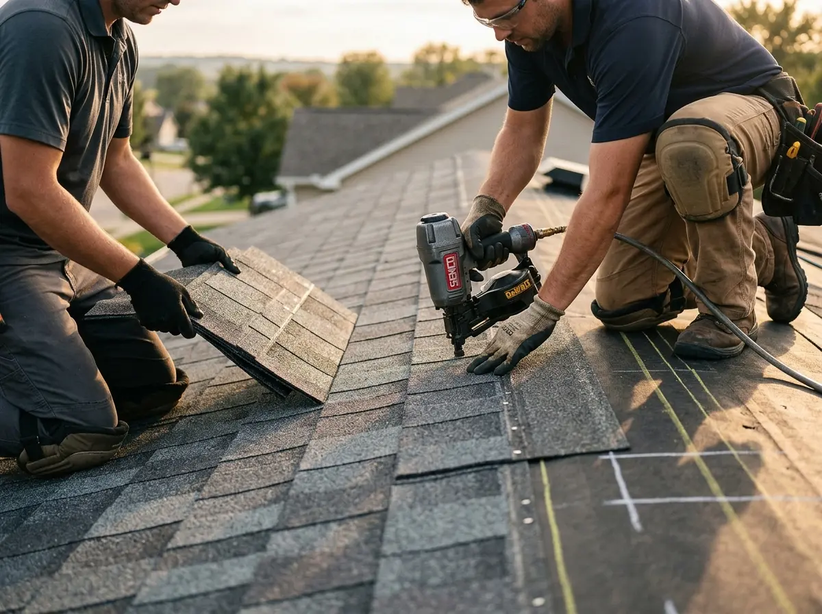 Professional roofer working on a residential roof in Muskegon